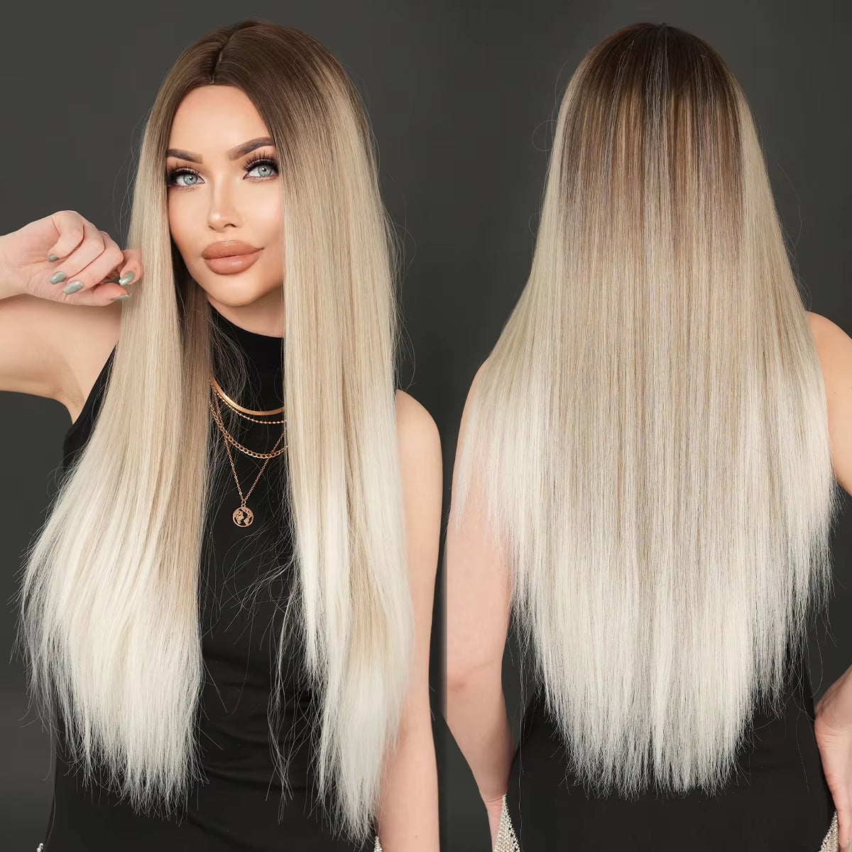7JHH WIGS Synthetic Blonde Wig High Density Middle Part Brown Blonde Wig for Women Daily Long Straight Layered Hair Wigs 34Inche