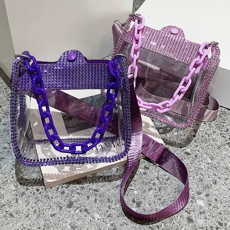 PVC Transparent Shoulder Crossbody Bag Rhinestone Thick Chain Ladies Small Purse and Handbags Fashion Jelly Summer Beach Totes
