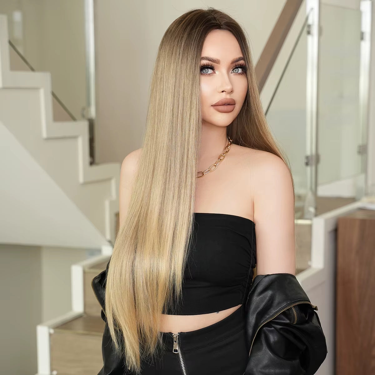 7JHH WIGS Synthetic Blonde Wig High Density Middle Part Brown Blonde Wig for Women Daily Long Straight Layered Hair Wigs 34Inche