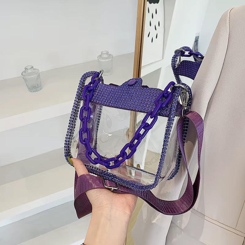 PVC Transparent Shoulder Crossbody Bag Rhinestone Thick Chain Ladies Small Purse and Handbags Fashion Jelly Summer Beach Totes