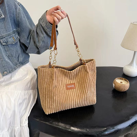 Fashion Corduroy Tote Bag Solid Color Shoulder Bag Women'S Casual Handbag for Commute Work Shopper Totes