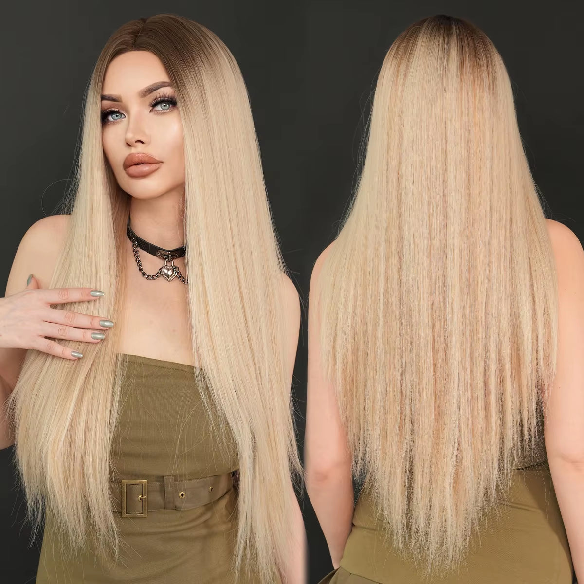 7JHH WIGS Synthetic Blonde Wig High Density Middle Part Brown Blonde Wig for Women Daily Long Straight Layered Hair Wigs 34Inche