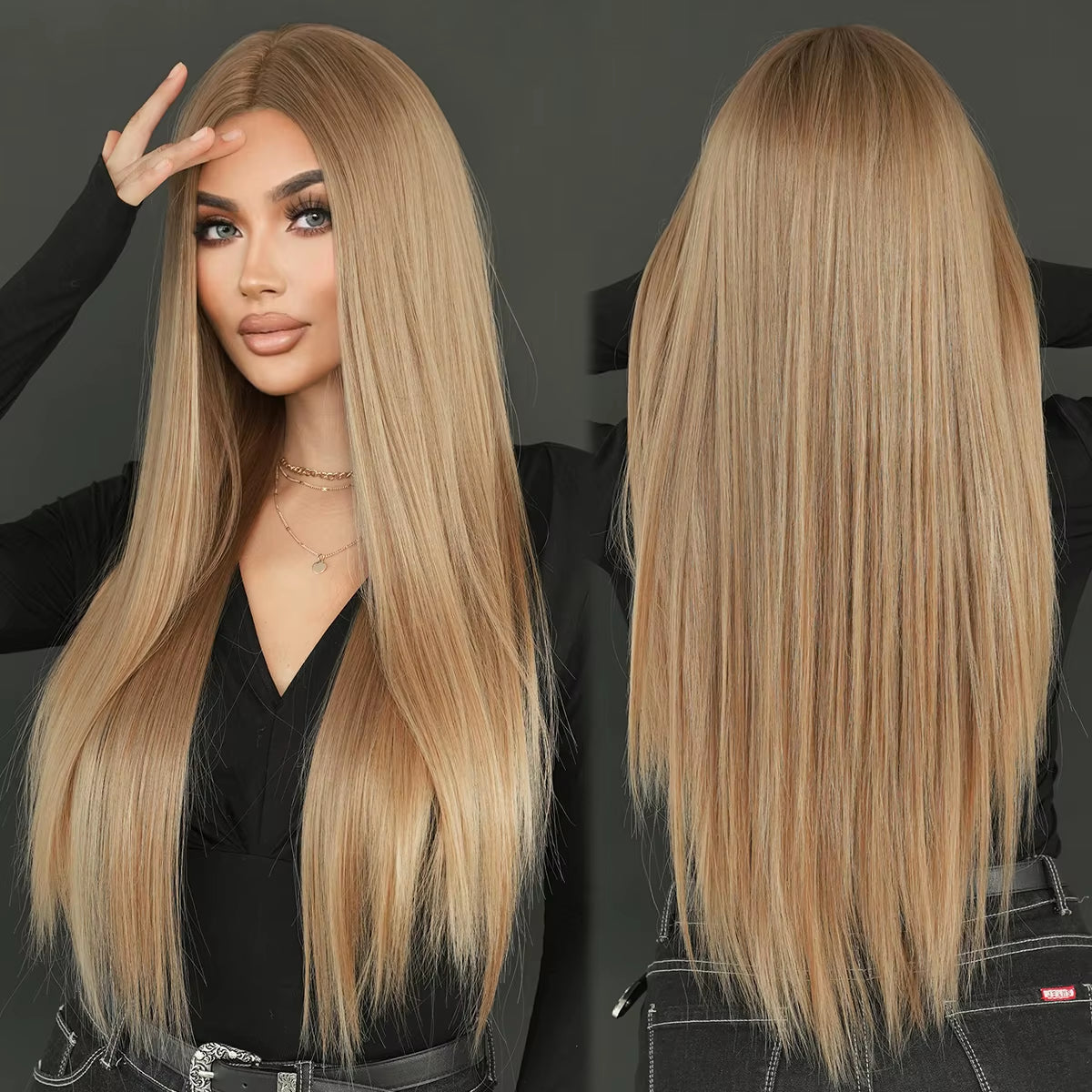 7JHH WIGS Synthetic Blonde Wig High Density Middle Part Brown Blonde Wig for Women Daily Long Straight Layered Hair Wigs 34Inche