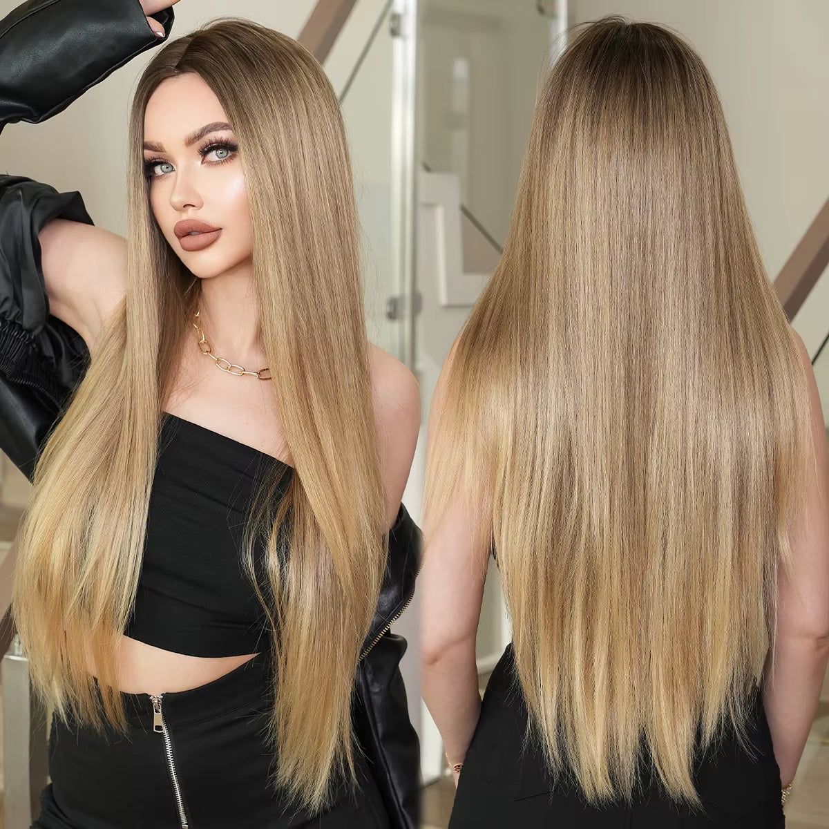 7JHH WIGS Synthetic Blonde Wig High Density Middle Part Brown Blonde Wig for Women Daily Long Straight Layered Hair Wigs 34Inche