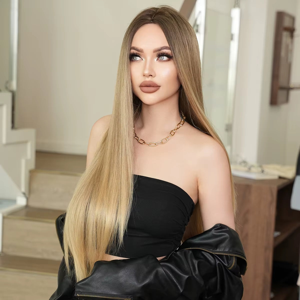 7JHH WIGS Synthetic Blonde Wig High Density Middle Part Brown Blonde Wig for Women Daily Long Straight Layered Hair Wigs 34Inche