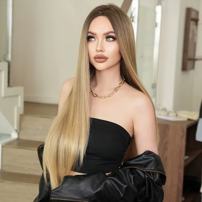 7JHH WIGS Synthetic Blonde Wig High Density Middle Part Brown Blonde Wig for Women Daily Long Straight Layered Hair Wigs 34Inche